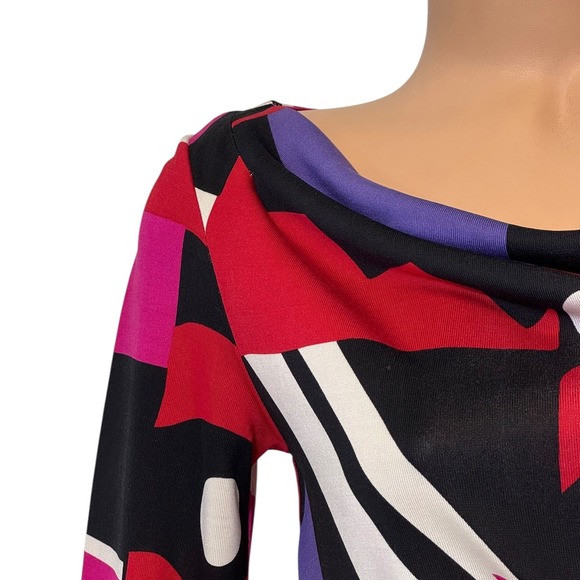 DIANE VON FURSTENBERG Women's Size 4 Silk Abstract Mini Dress Boat Neck Red Pink - Picture 2 of 10